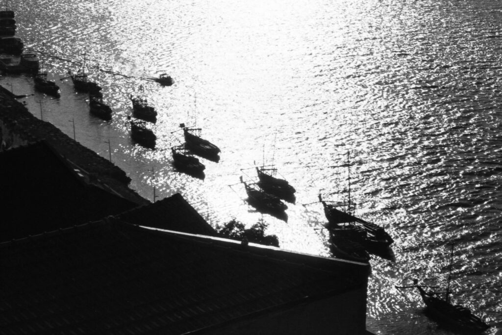 A final sunset shines on the water of the Douro, lined with the historical boats parked neatly